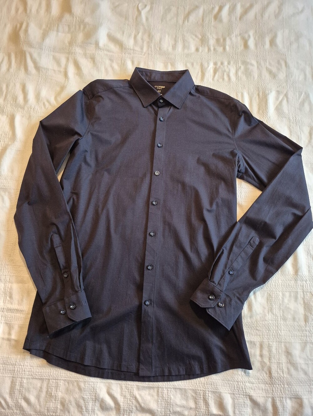 OLYMP No 6 men's size 42 super slim navy 24/seven dynamic flex jersey shirt EUC